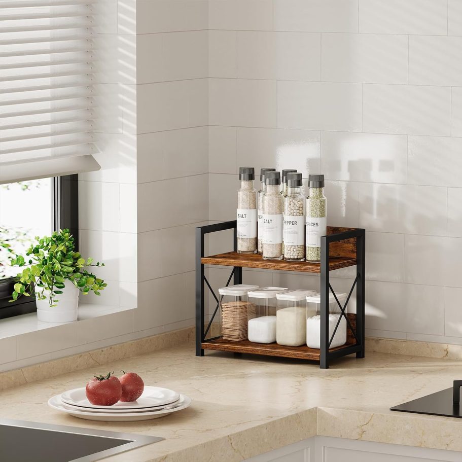 Giikin 2 Tier Kitchen Spice Rack Organizer for Countertop, Wood Coffee Counter Shelf Organizer for Home (Rustic Brown) - Image 3