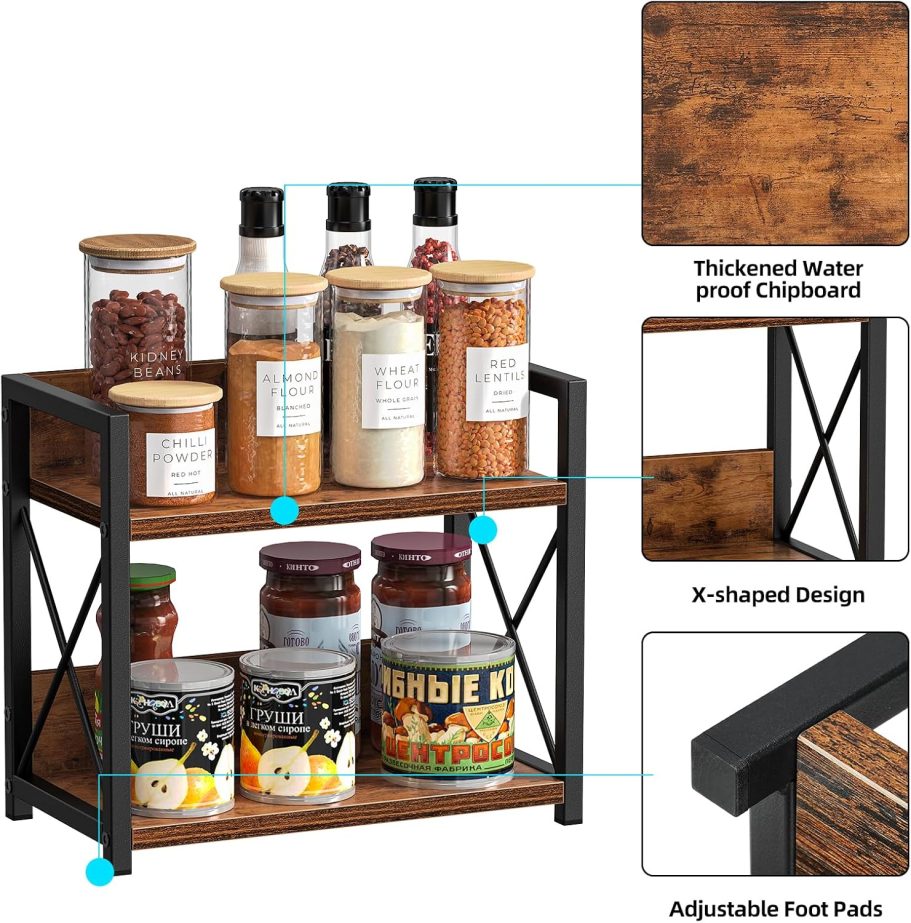 Giikin 2 Tier Kitchen Spice Rack Organizer for Countertop, Wood Coffee Counter Shelf Organizer for Home (Rustic Brown) - Image 5