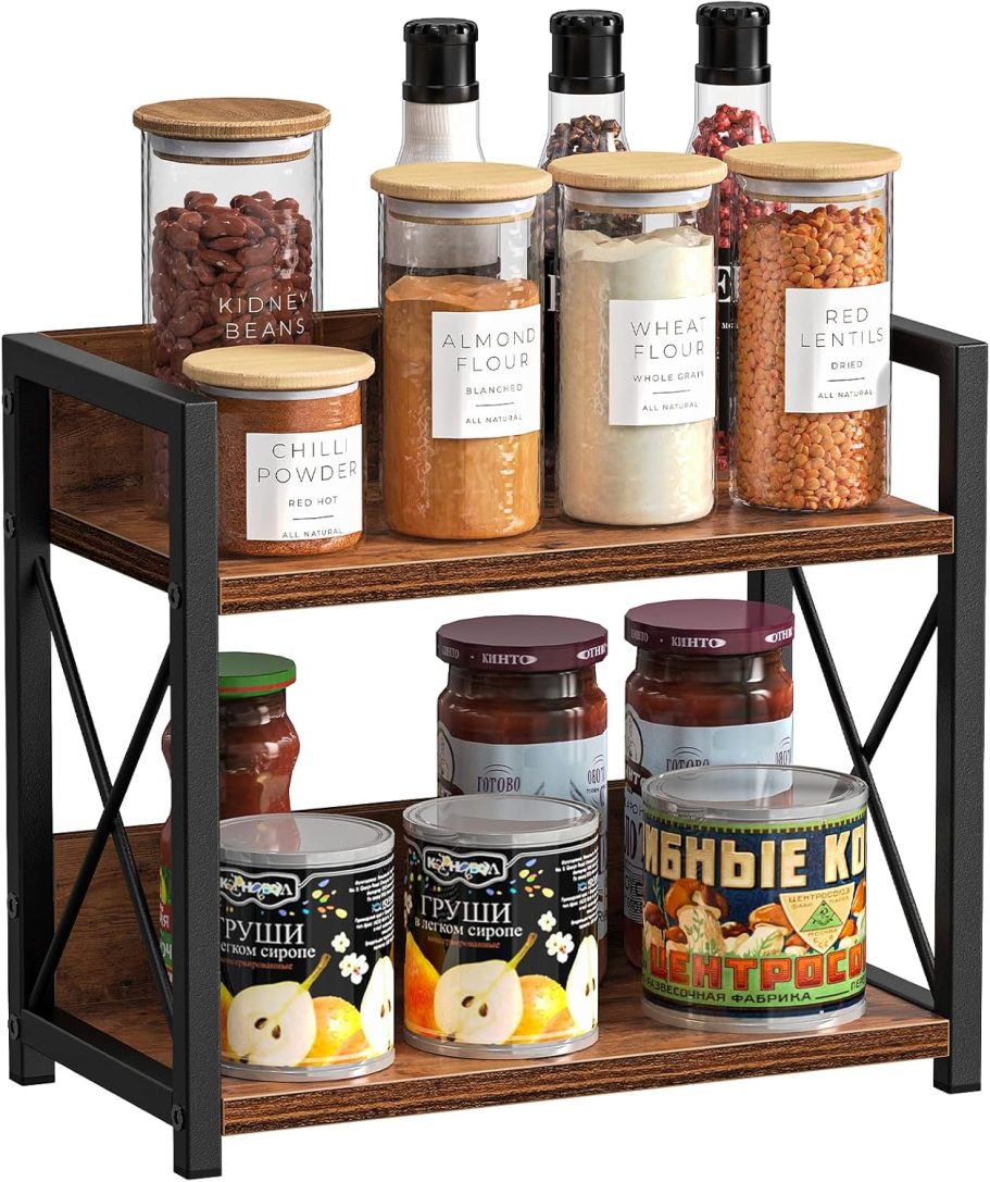 Giikin 2 Tier Kitchen Spice Rack Organizer for Countertop, Wood Coffee Counter Shelf Organizer for Home (Rustic Brown) - Image 7