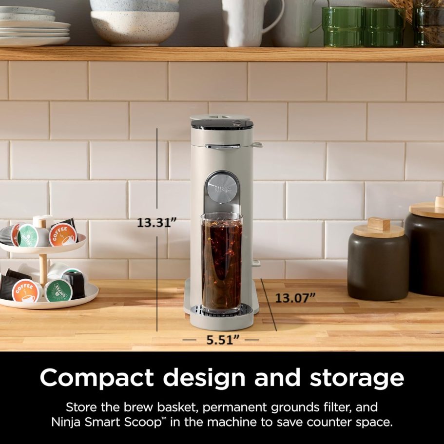 Ninja Pods & Grounds Single-Serve Coffee Maker, K-Cup Pod Compatible, Brews Grounds, Compact Design, 56-oz. Reservoir, 6-oz. Cup to 24-oz. Travel Mug Brew Sizes, Iced Coffee Maker, Stone, PB041ST - Image 2