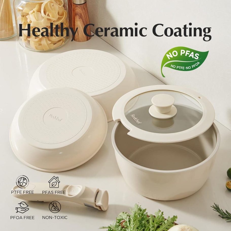Redchef Ceramic Pots and Pans Set Non Stick, Nonstick Kitchen Cookware Sets, Non Toxic Pots and Pans Set Non Stick, PFAS PFOA & PTFE Free, Detachable Handle Pots and Pans 5 Piece, RV Cookware - Image 3